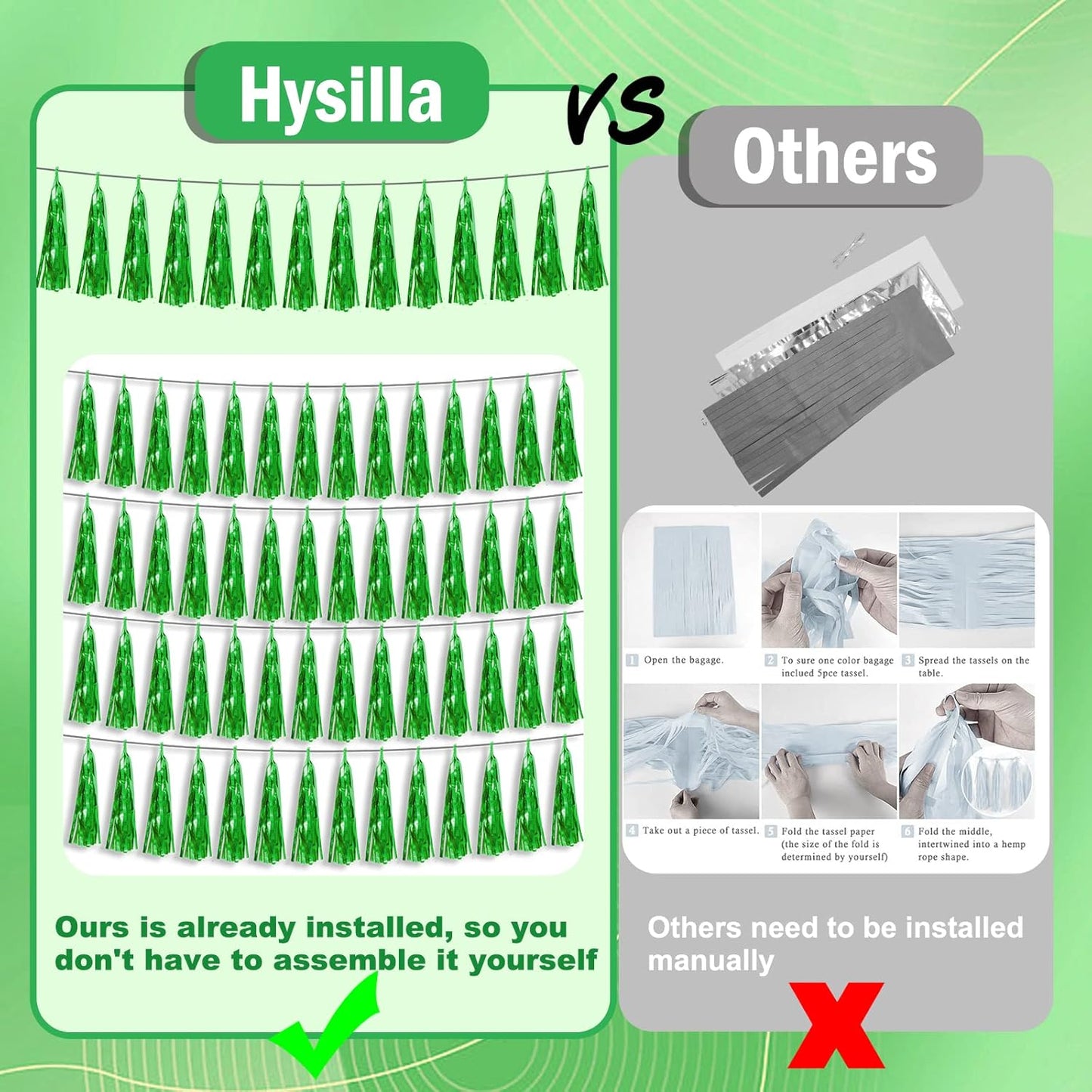 4P Green Foil Fringe Metallic Streamers Banner Tassel Garland for Parade Floats, Bachelorette, Wedding, Birthday, Halloween, Christmas, Bridal/Baby Shower Party Decorations