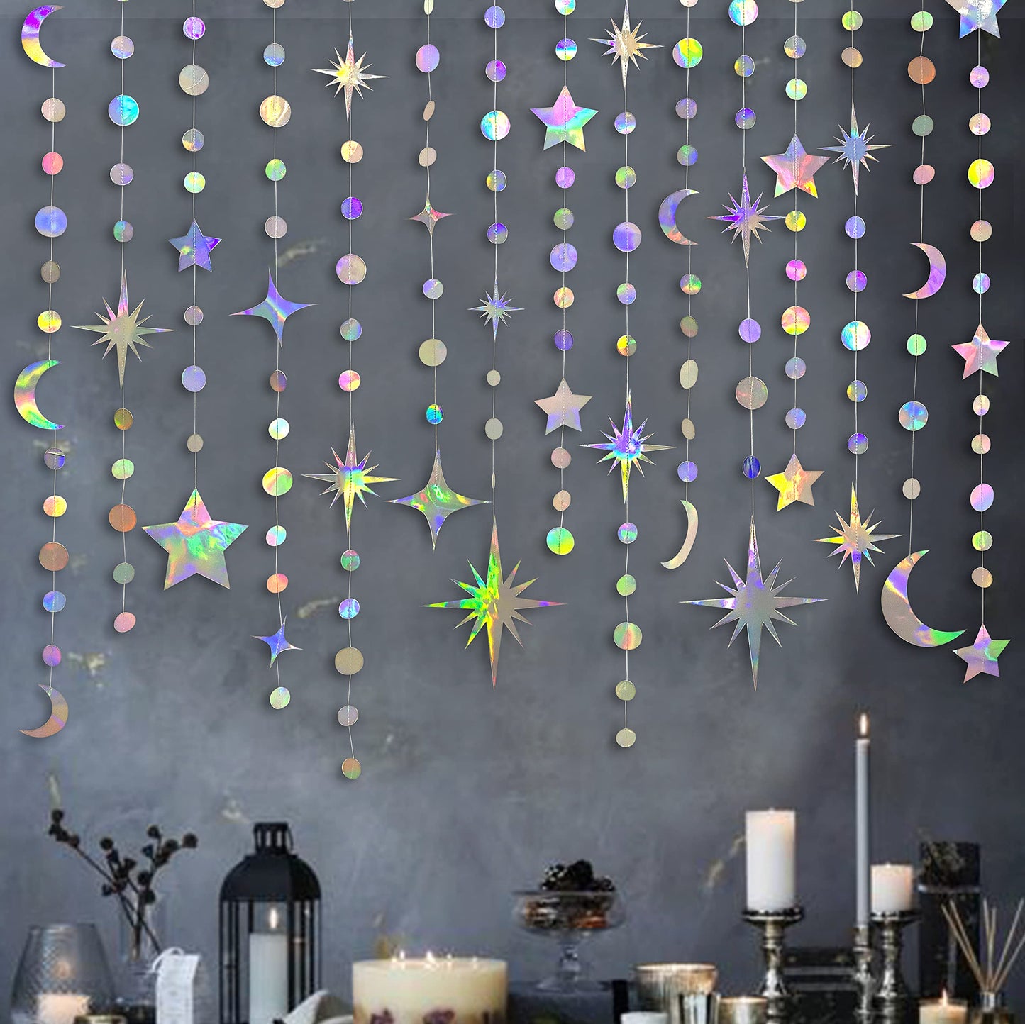 Iridescent Party Decorations Holographic Star Moon Circle Dot Garland Hanging Crescent and Twinkle