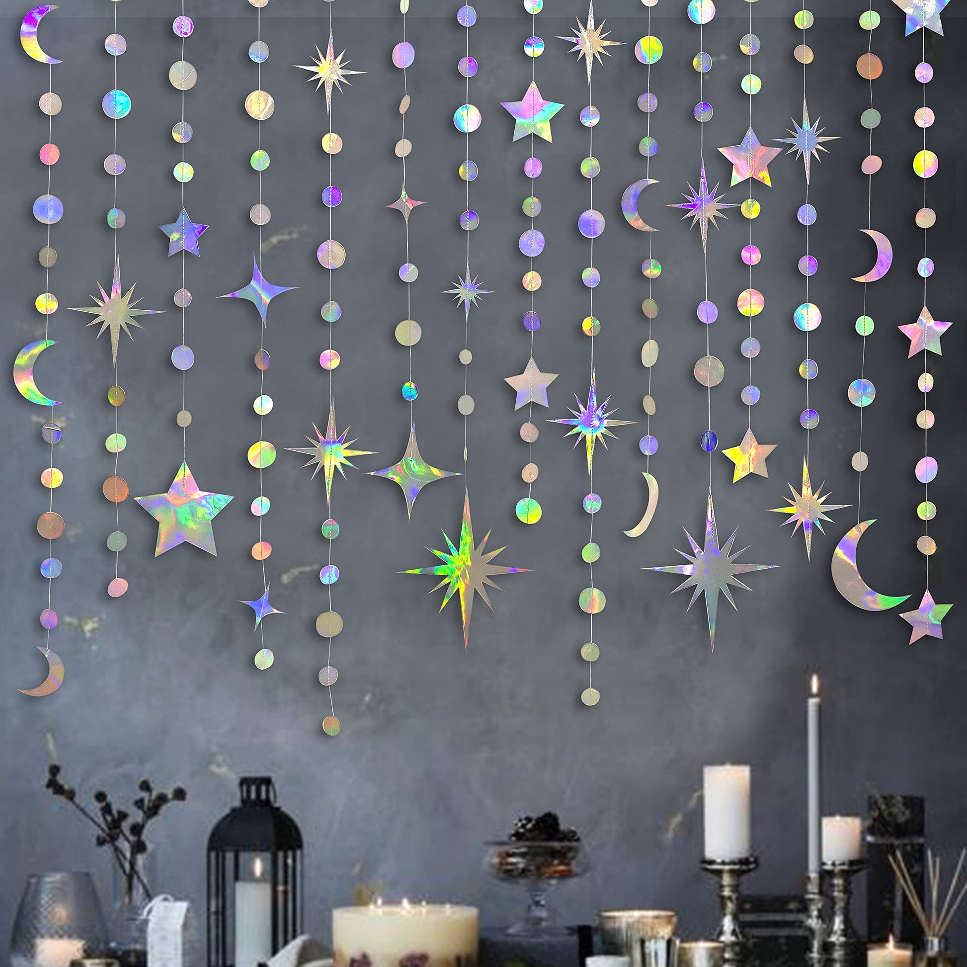 Iridescent Party Decorations Holographic Star Moon Circle Dot Garland Hanging Crescent and Twinkle
