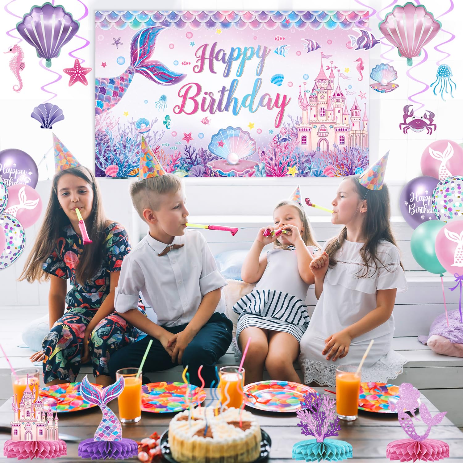 NKPDAXM Mermaid Birthday Decorations – Includes Banner, Backdrop, Foil & Latex Balloons, Hanging