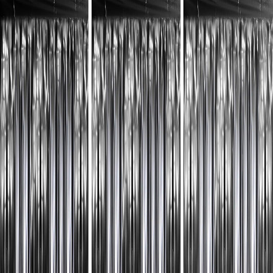 3 Pack 3.3 x 8.2 ft Matte Black Foil Fringe Backdrop Curtains,Gray Tinsel Streamers Party Decorations, Fringe Backdrop, Door Shimmer for New Years, Halloween, Black Theme Party