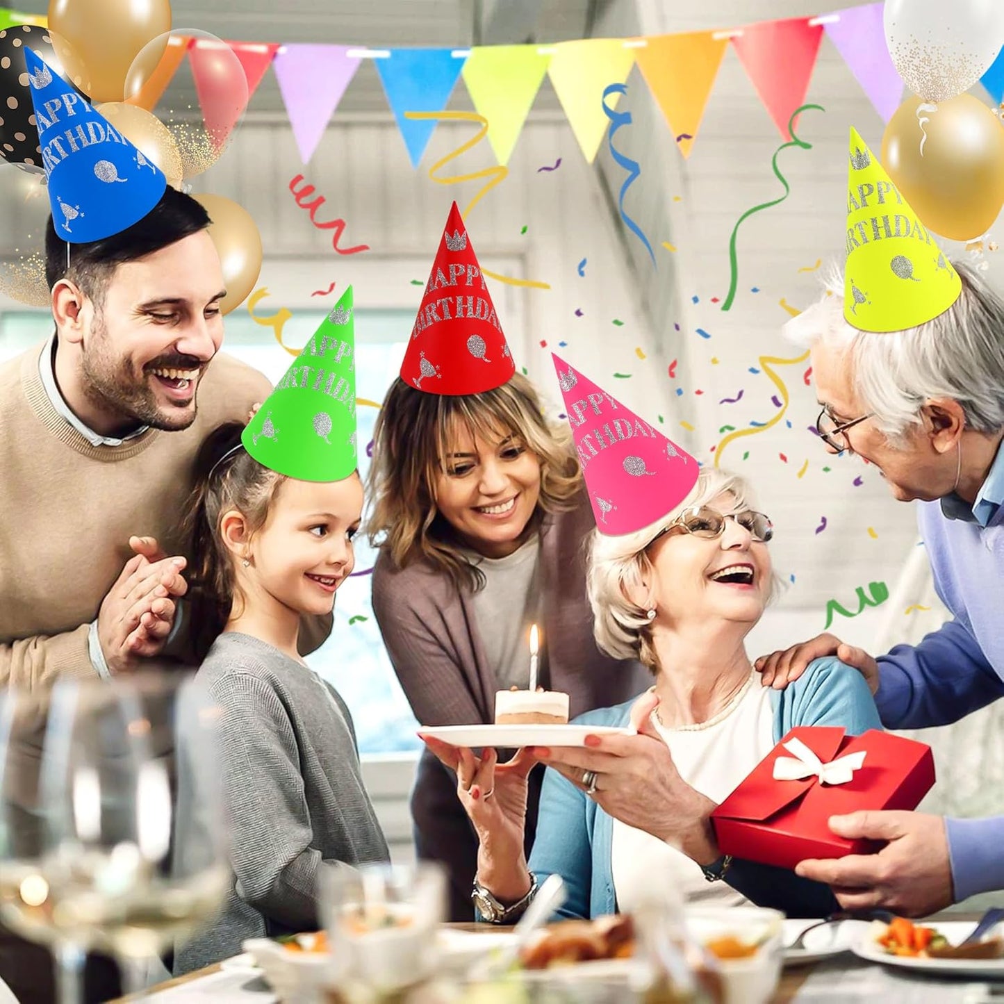 CANREVEL Party Hats for Kids and Adults, Birthday Party Headwear Supplies, Cone Hats Bulk for Girls Boy Women Men