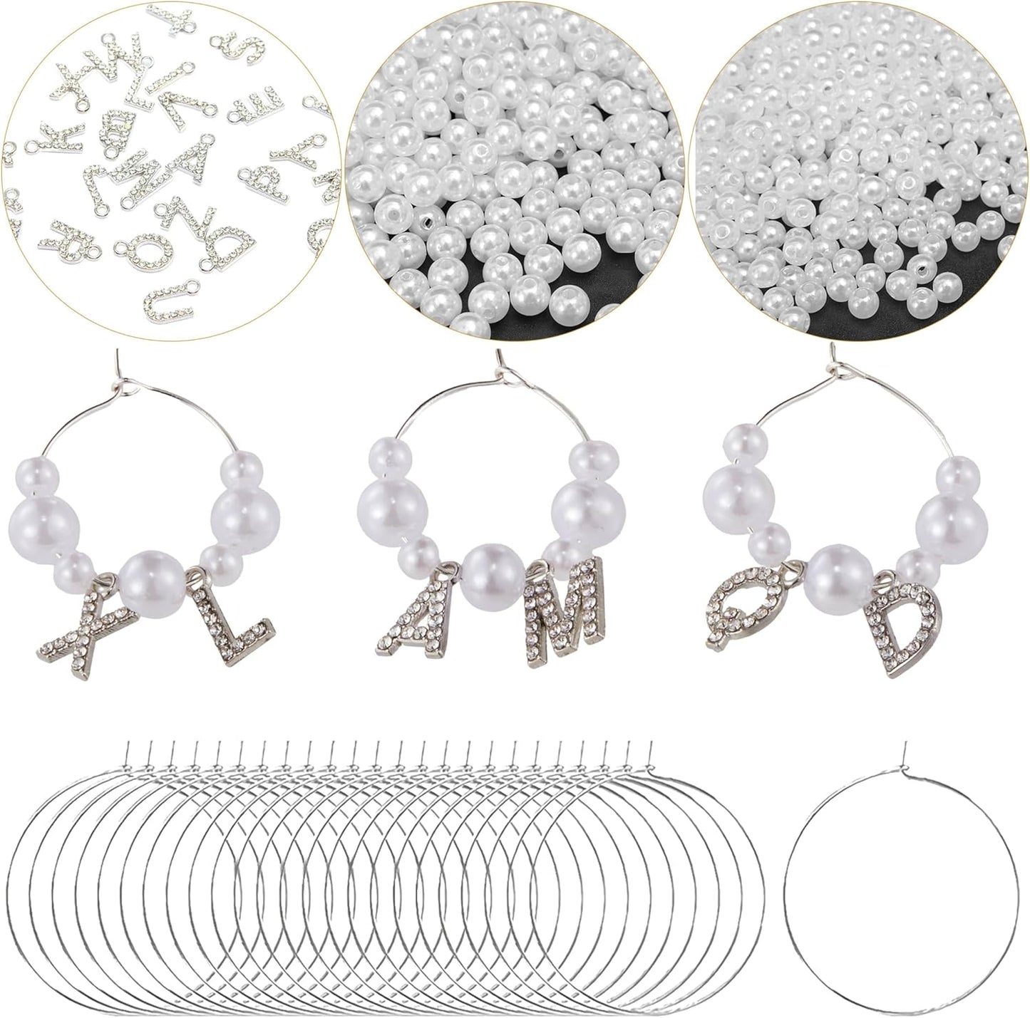 50 Sets Wine Glass Charms, Wine Charms for Stem Glasses, DIY Reusable Drink Markers for Weddings & Bachelorette with Alphabet Beads