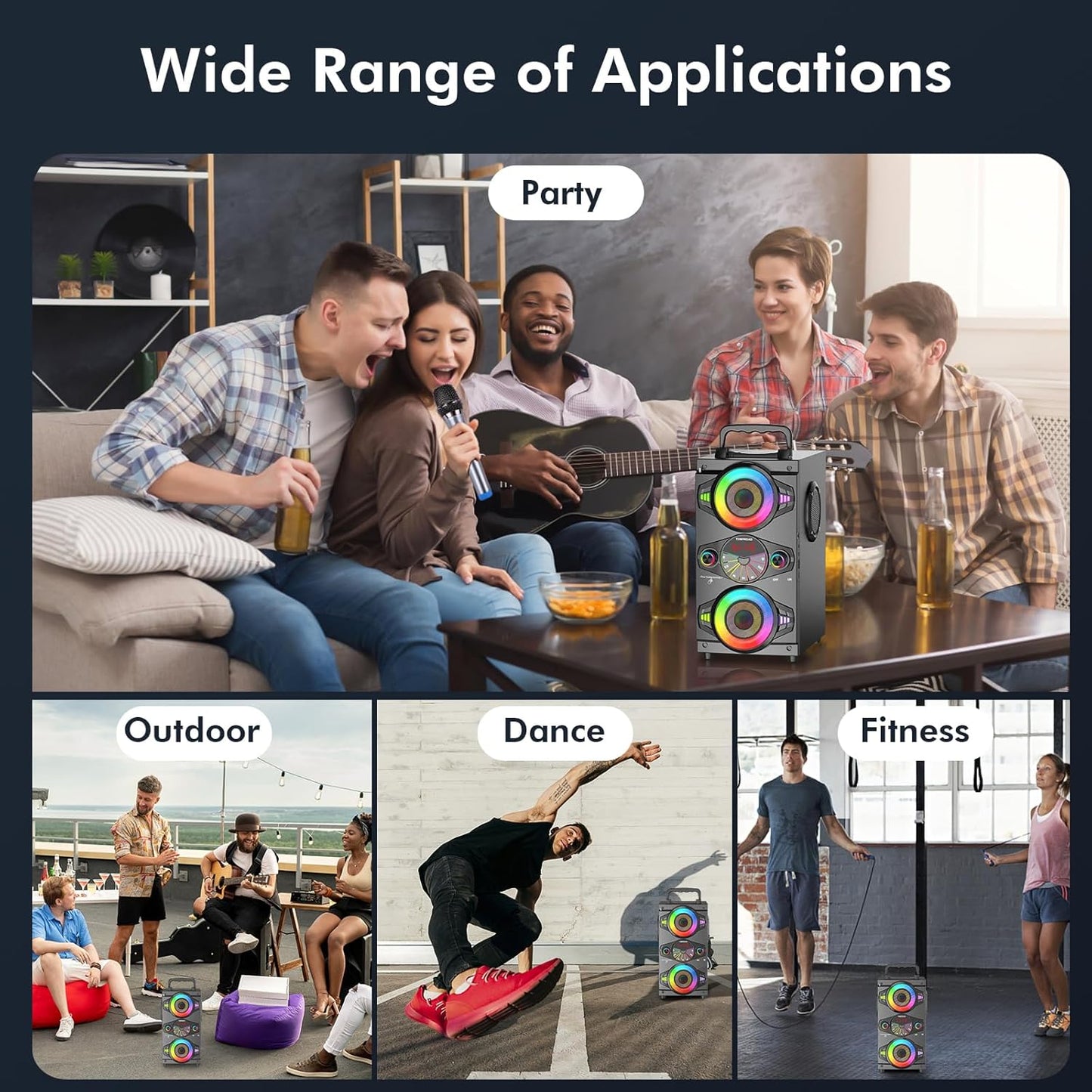 Portable Bluetooth Speakers 60W Big Powerful Wireless Loud Stereo Bass Sound Boombox Home Party Speaker with Subwoofer, FM Radio, LED Colorful Lights