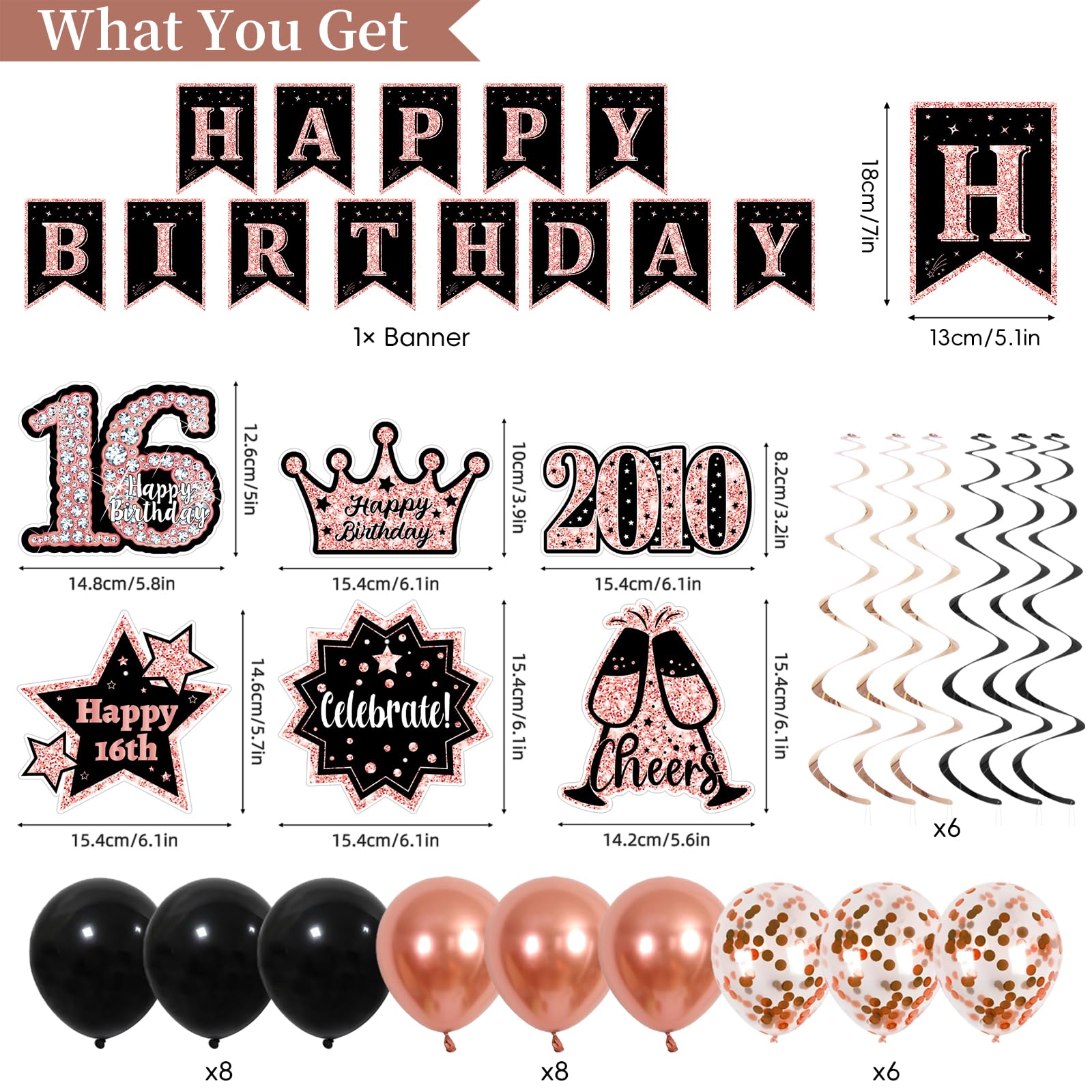 Sweet 16 Party Decorations for Girls, Black Rose Gold 16th Birthday Decorations Set with Back in
