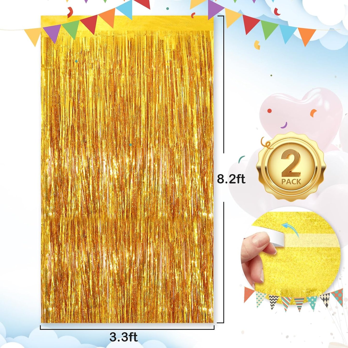 2Pack 3.3 x 8.3 Ft Gold Party Streamers, Tinsel Streamers Birthday Party Decorations, Fringe Backdrop for Graduation, Baby Shower, Door Streamers Tinsel Curtain Gender Reveal New Year Party Streamers