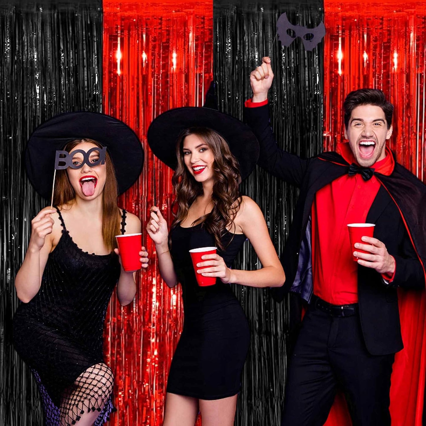 3 Pack Black and Red Foil Fringe Curtains Backdrop, 3.28 x 9.8 Ft Metallic Streamers Tinsel Curtains Background for Photo Booth, Birthday, Halloween, Christmas, New Year Party Decorations