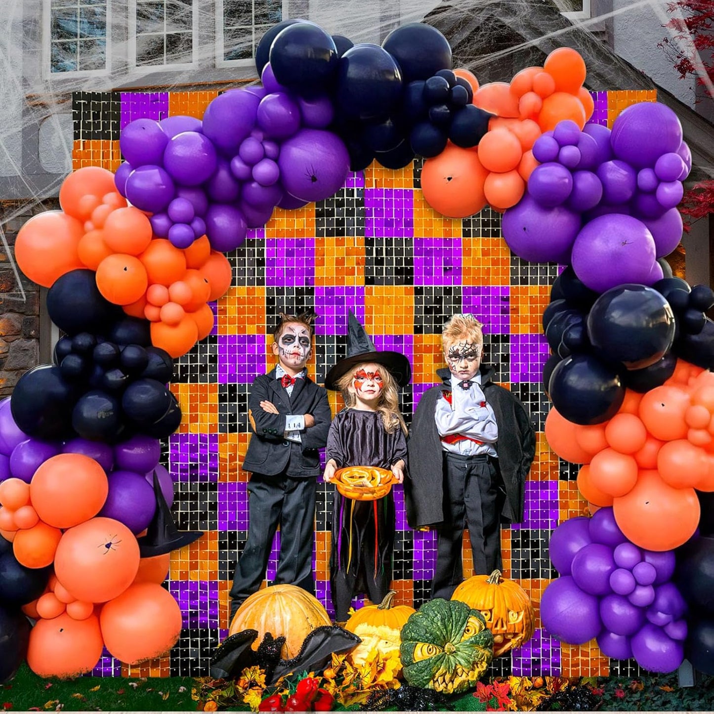 24PCS Black Orange Purple Shimmer Wall Backdrop, Halloween Square Sequin Photo Backdrops Panel, Glitter Wall Background for Birthdays, Weddings, Halloween Party Decor (4FTx6FT)