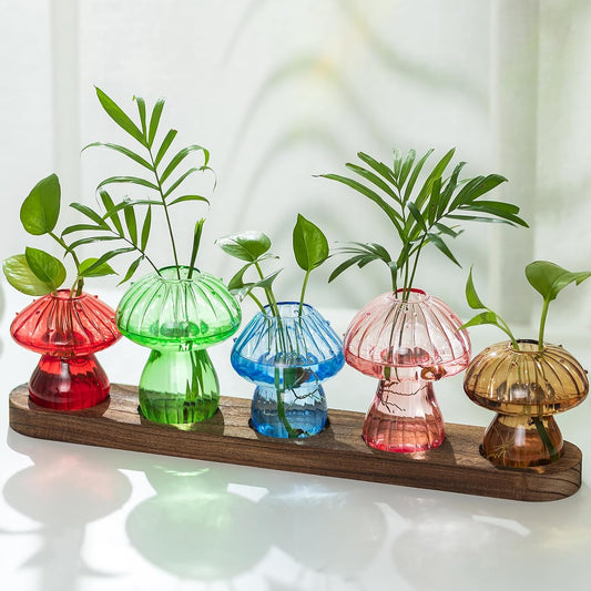 Glass Propagation Station for Plant: Mushroom Planter with Wooden Stand for Home Office Decor - Unique Propagation Jars for Plant Lovers - Set of 5 Hydroponic Mushroom Vases Gift for Mom