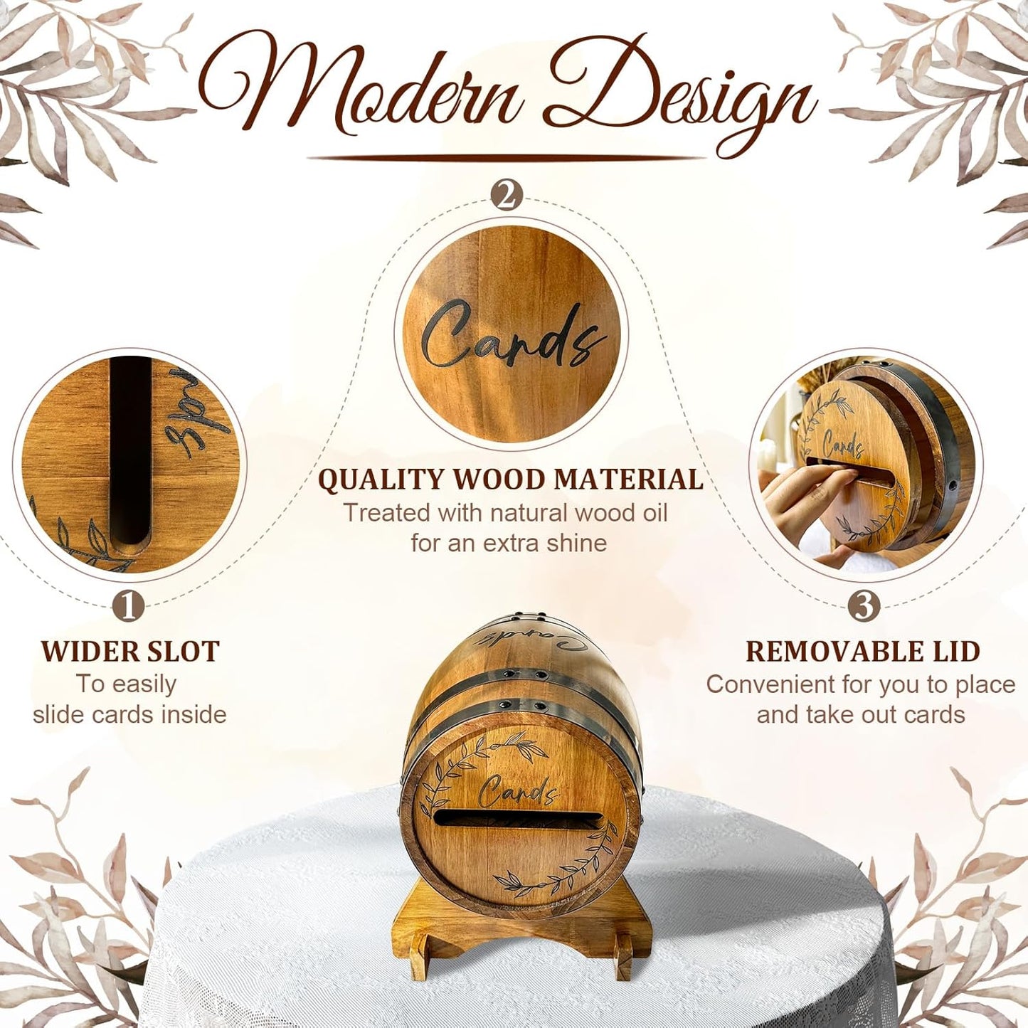 OurWarm Wooden Wedding Card Box for Party with Base, Brown Whiskey Barrel Gift Card Box Holder for Cards Envelops and Money, Rustic Wedding Decor for Graduation Baby Shower Birthday Party