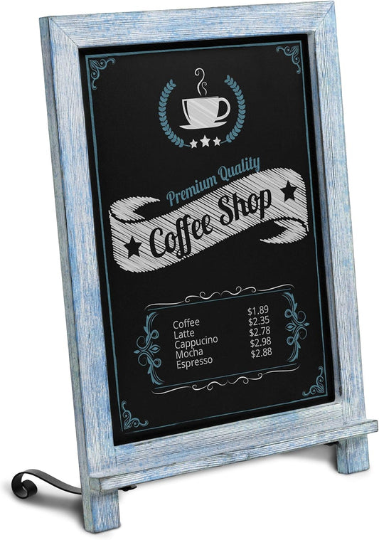 HBCY Creations Rustic Blue & White Tabletop Chalkboard with Legs/Vintage Wedding Table Sign/Small Kitchen Countertop Memo Board/Antique Wooden Frame (12" x 17", 5- Rustic Blue)