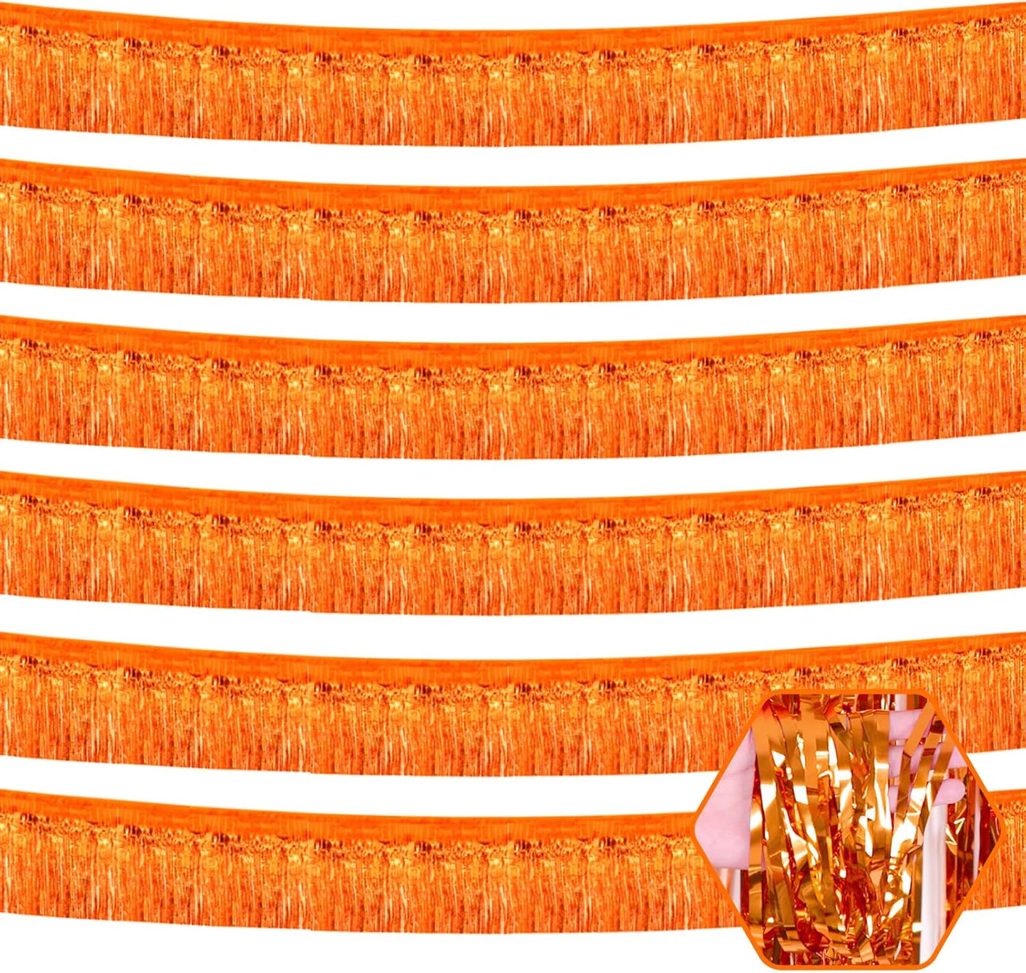 6 Pack 10 Feet Orange Foil Fringe Garland Metallic Tinsel Streamers Banner Wall Hanging Curtain Backdrop for Parade Floats, Birthday, Graduate, Mother's Day, Wedding Party Decoration