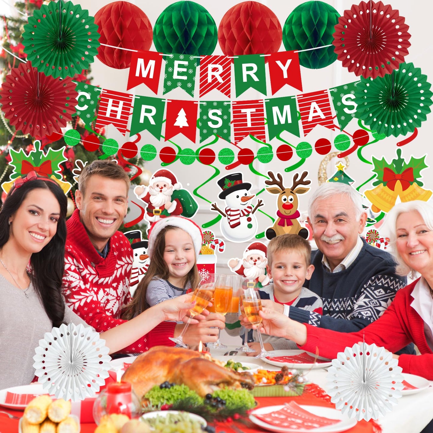 25pcs Christmas Party Decorations Merry Christmas Banner Paper Fan Garlands String Circle Dot