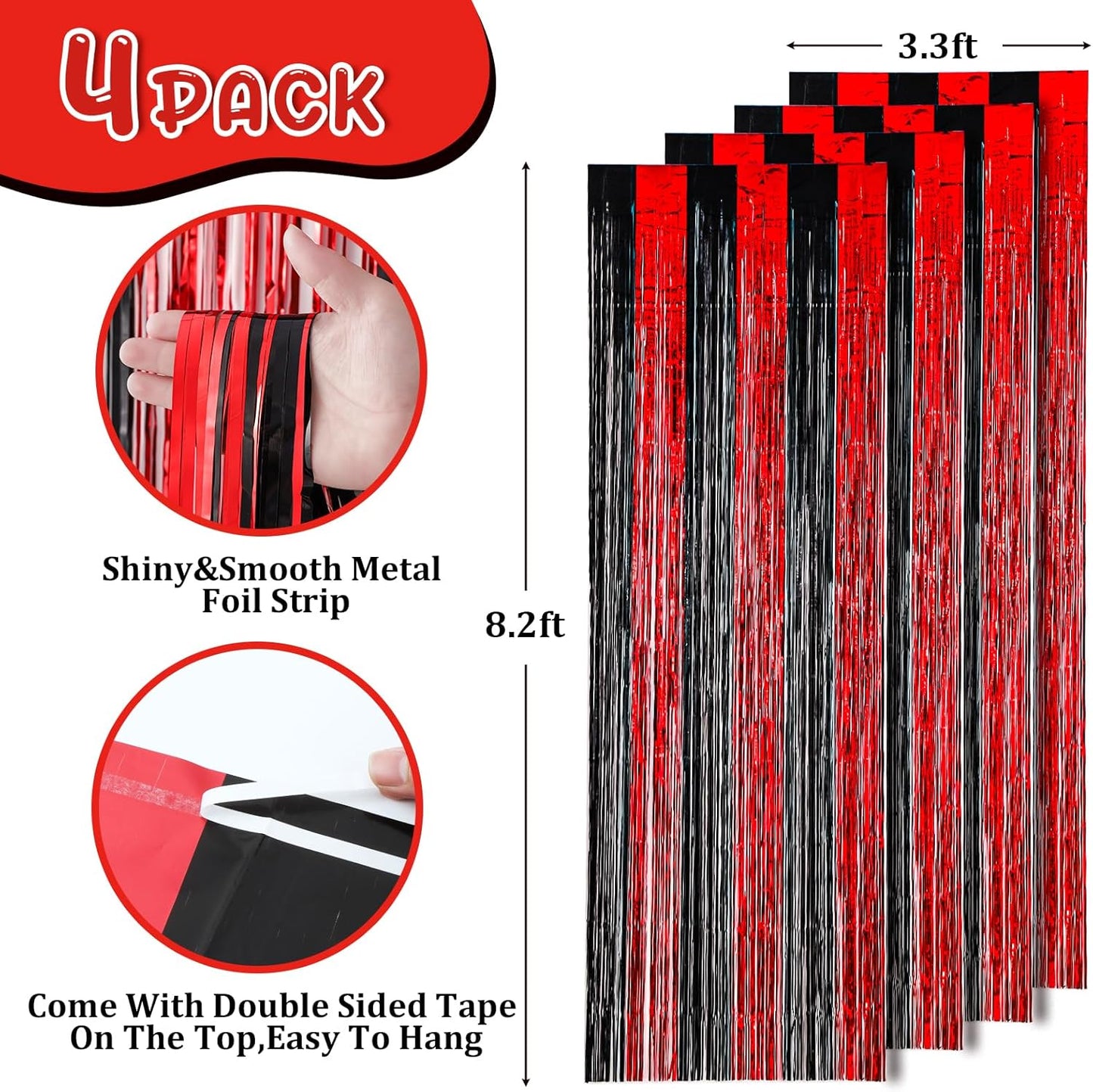 4 Pack 3.3x8.2 Feet Red and Black Foil Fringe Backdrop Curtains, Tinsel Streamers Birthday Party Decorations, Fringe Backdrop for Graduation, Baby Shower, Gender Reveal, Disco Party