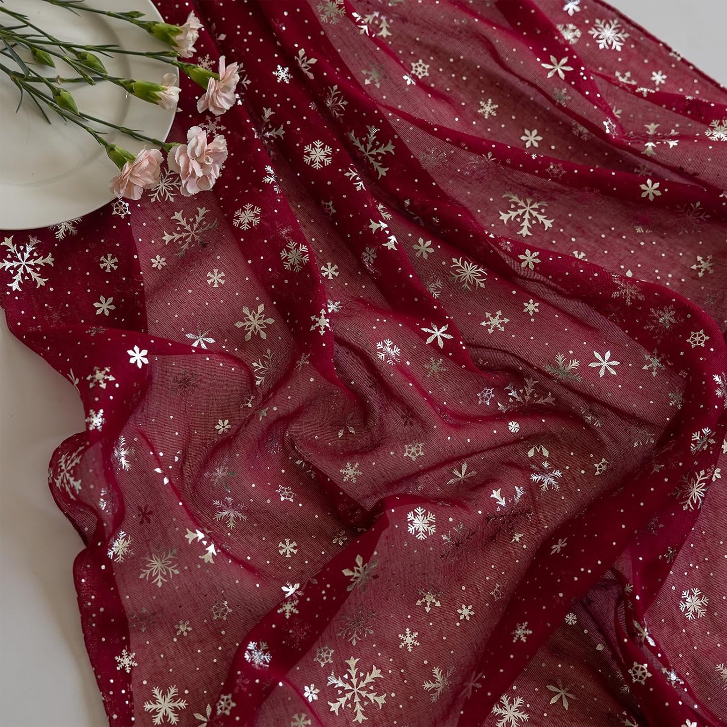 Silvery Snowflake Metallic Print Tulle Christmas Table Runner, Seasonal Winter Kitchen Dining Table Decoration for Home Party Decor 35x120 Inch (Burgundy)