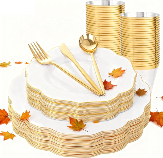 bUCLA 180PCS White and Gold Plastic Plates Disposable - White with Gold Rim Dinnerware Set Include 30 Guests Dinner & Dessert Plates, Cups, Cutlery Set for Wedding, Party & Thanksgiving Table Decor
