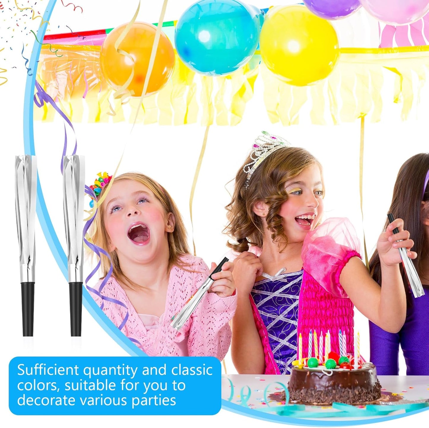 48 Pcs Silver Noise Makers Glitter Metallic Fringed Noise Makers Horns for Baby Shower, Kids Birthday, New Year Party Favor