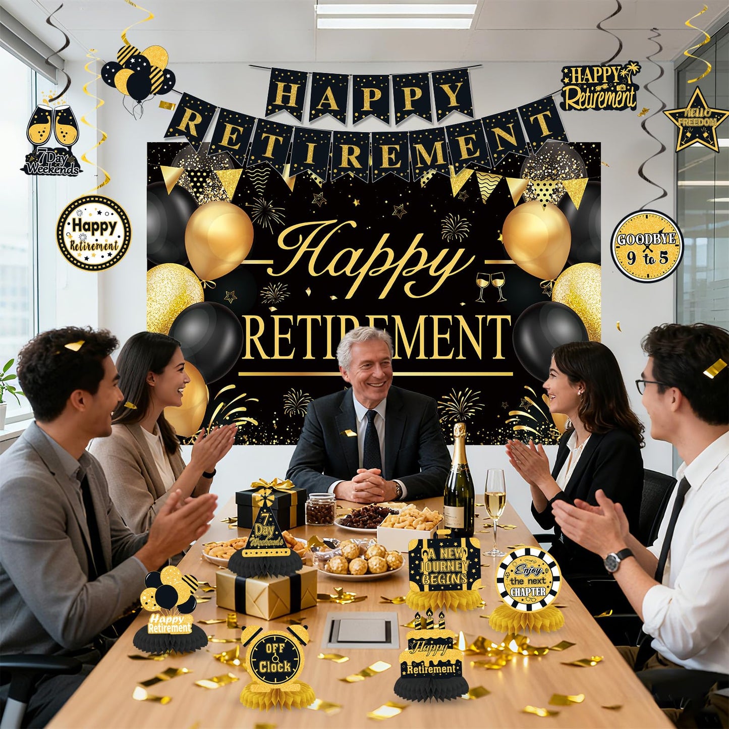 Retirement Party Decorations for Men Women Black Gold Happy Retirement Banner Backdrop Honeycomb