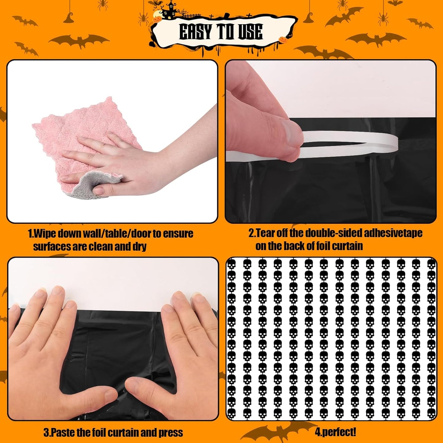 CANREVEL 2 Pack 3.2x6.5 Feet Halloween Foil Fringe Backdrop Curtains, Black Skull Tinsel Streamers Party Decorations, Fringe Backdrop for Wall Door Indoor Outdoor Decorations