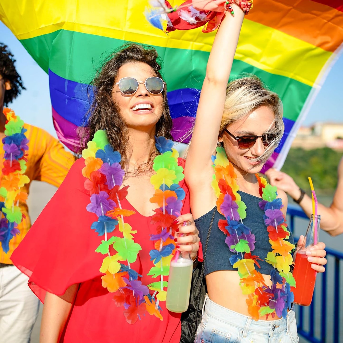 Hawaiian Leis Decorations, Luau Party Leis Bulk, Rainbow Hawaiian Pride Month Leis Accessories, Silk Flower Stuff Bulk, LGBT Gay Lesbian Lei for Parade Tropical Hawaiian Luau Party