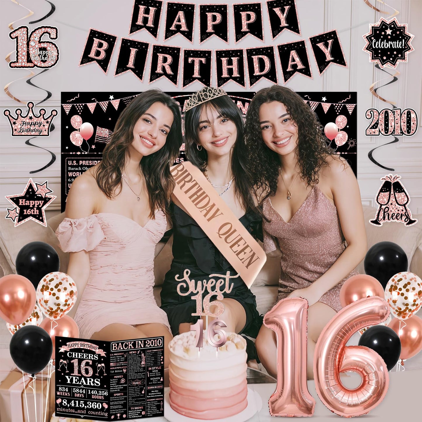 Sweet 16 Party Decorations for Girls, Black Rose Gold 16th Birthday Decorations Set with Back in