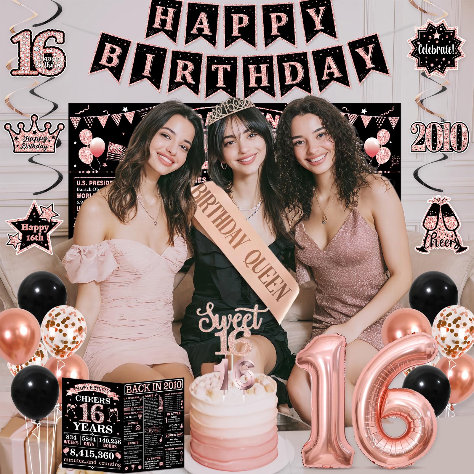 Sweet 16 Party Decorations for Girls, Black Rose Gold 16th Birthday Decorations Set with Back in