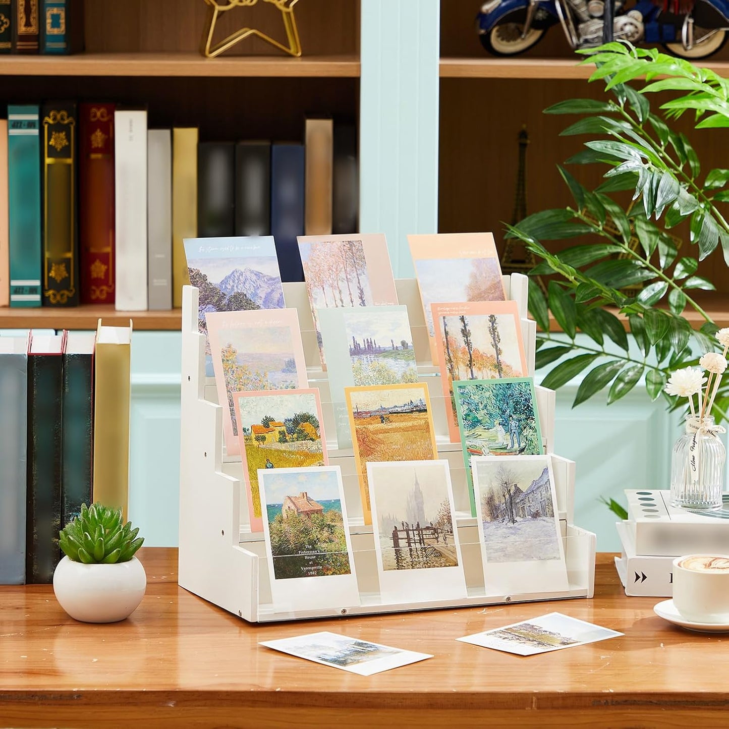 4 Tier Greeting Card Display Stand White Bamboo and Acrylic Sticker Display Stand Trading Card Holder Retail Photos Shelf for Vendors Craft Collection & Show