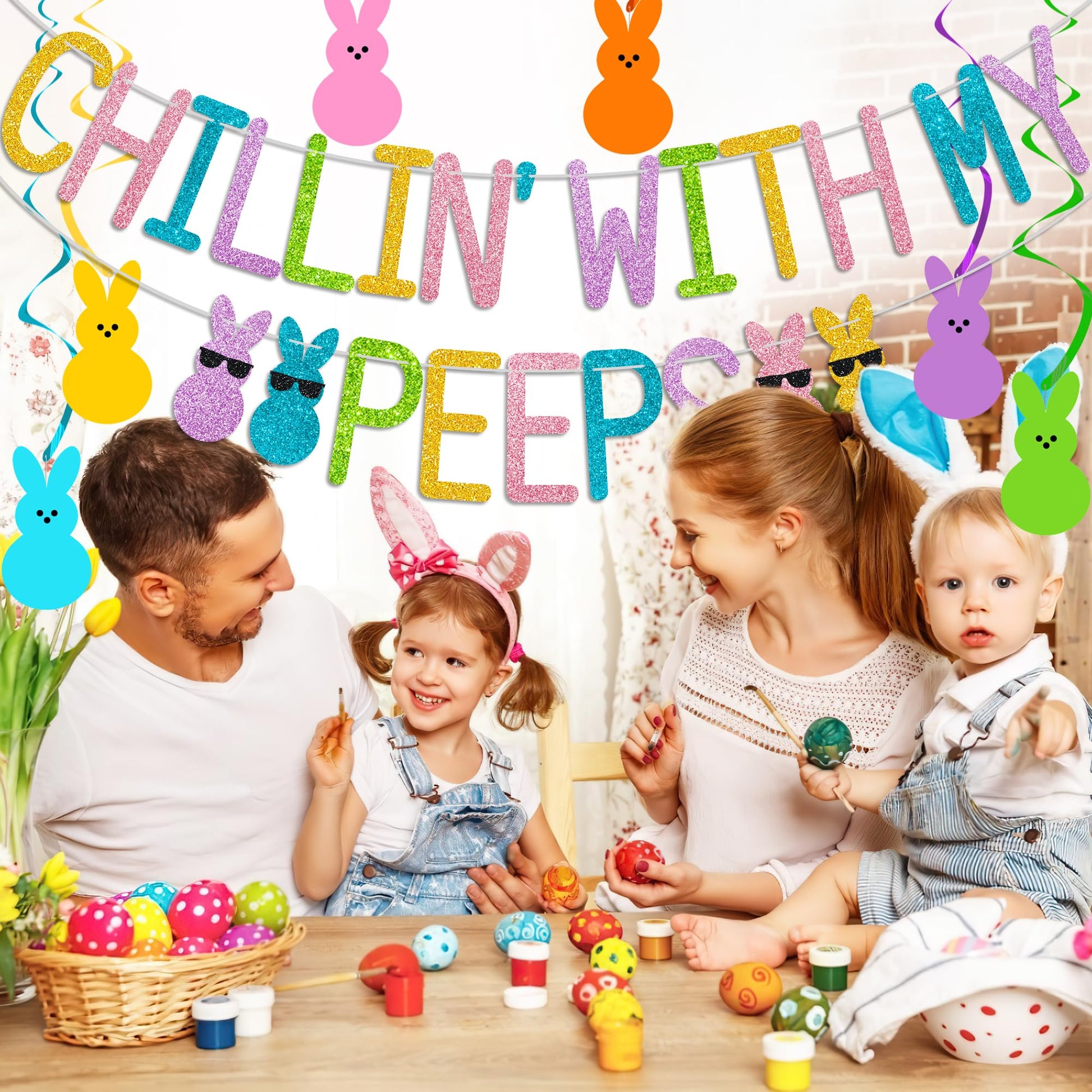 Glitter Chillin with My Peeps Banner with Bunny Hanging Swirls - NO DIY - Easter Party Decorations