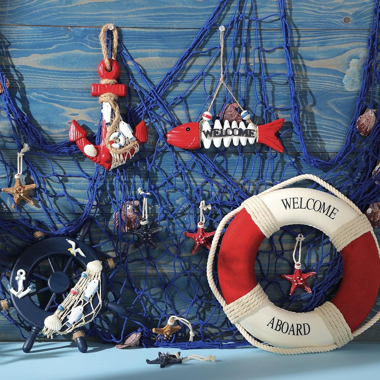 Marsui 11 Pcs Wooden Nautical Wall Decor Fishing Net Decoration, Include Decorative Fishing Net, Ship wheel, Fish Skeleton, Life Ring, Anchor, Starfish Beach Decor for Mediterranean Party (Retro Red)