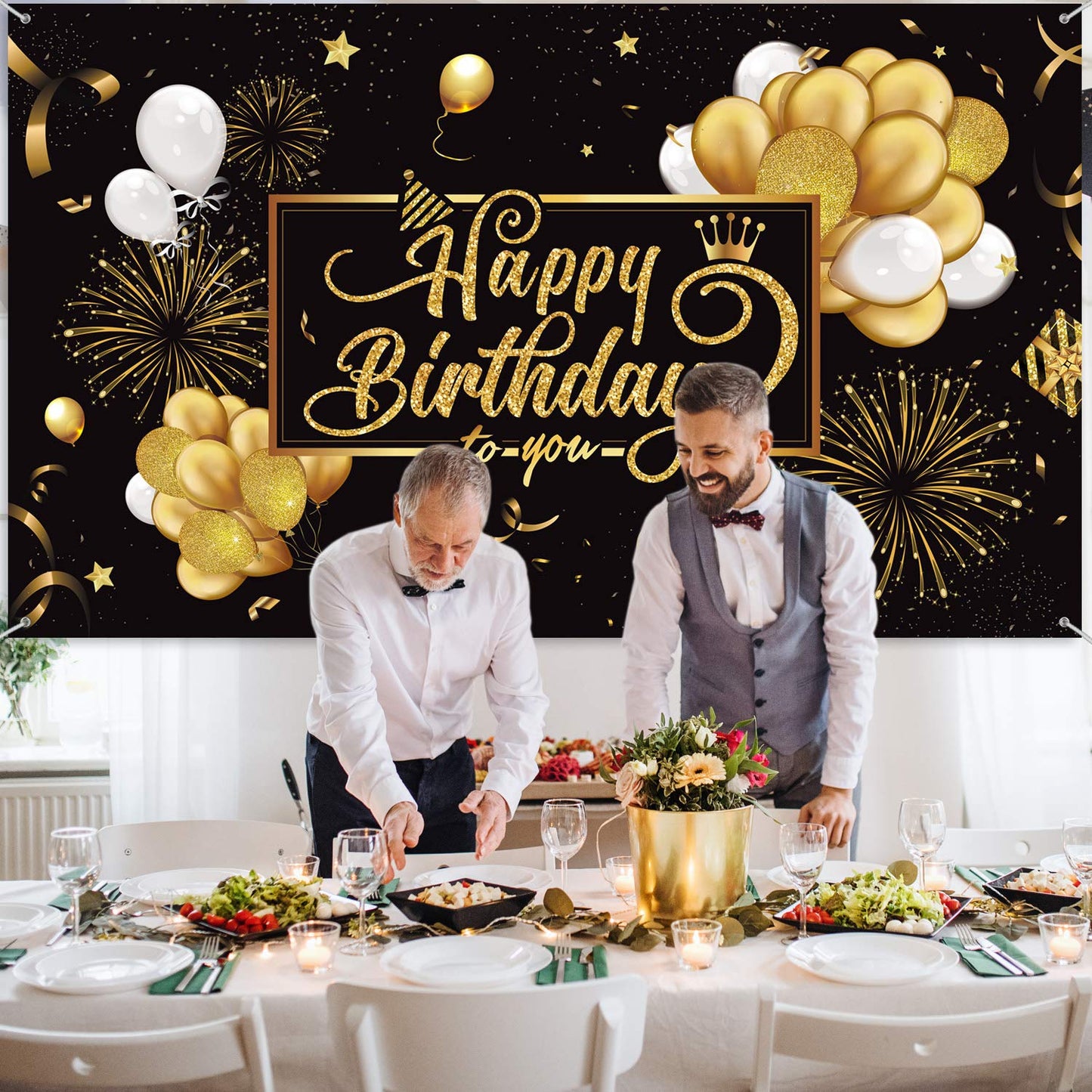Blulu Black and Gold Happy Birthday Banner Sign Photo Backdrop, Classic