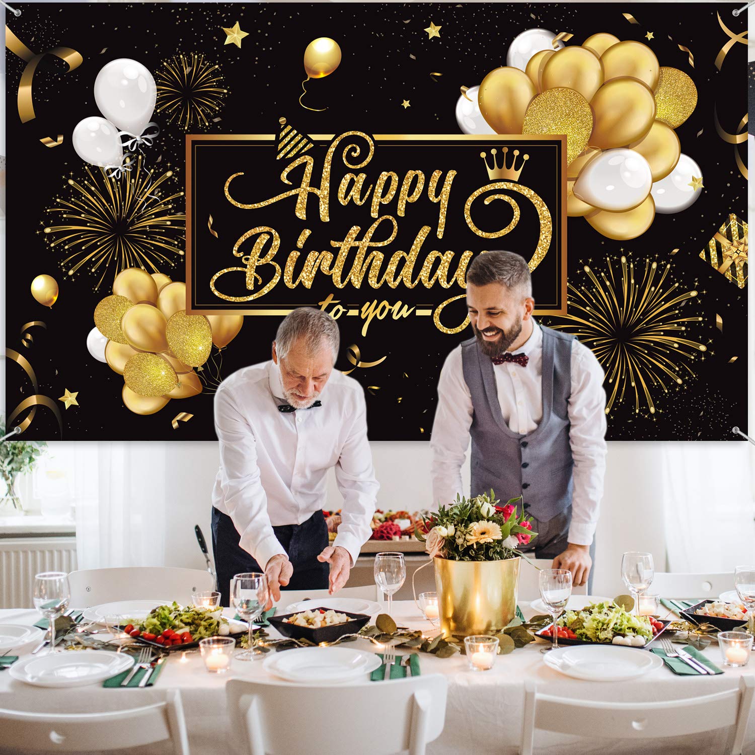 Blulu Black and Gold Happy Birthday Banner Sign Photo Backdrop, Classic