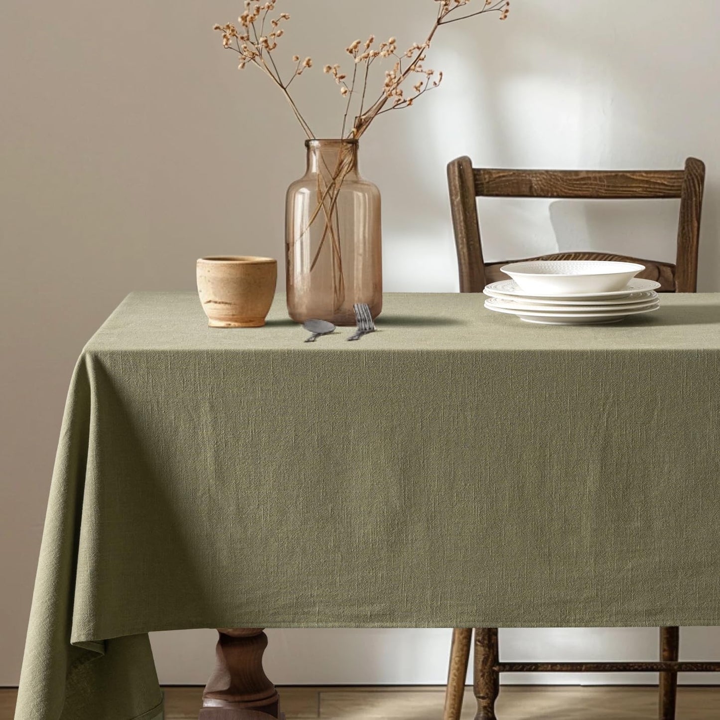 MIULEE Linen Cotton Blend Tablecloth Rectangle, Luxury Waterproof Stain Resistant Durable Farmhouse Oblong Table Cloth for Dining Party Weddings Birthday Events Boho Decor, 52 x 70 inch, Olive Green
