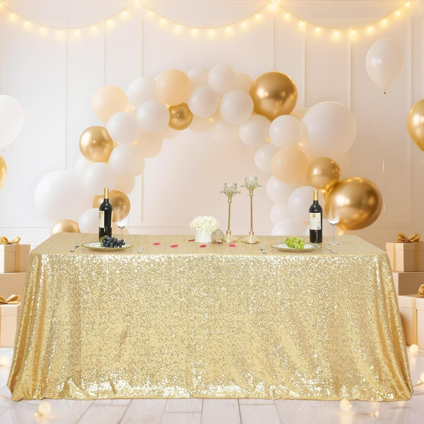 SquarePie Sequin Tablecloth 60 x 102 Inch Light Gold Sparkly Table Cloth for Wedding Party Decoration