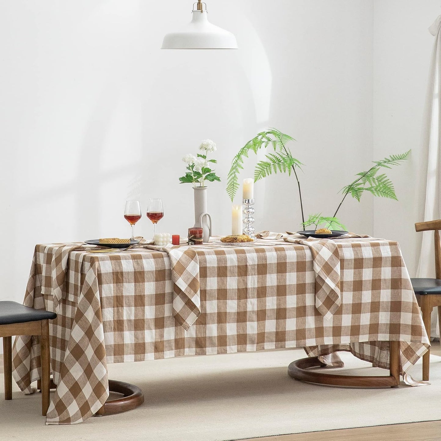 EVERLY 100% Yarn-Dyed Linen Rectangle Tablecloths 60x108Inches for Dining,Buffet Parties,Picnic,Events and Restaurants,Decorative Halloween,Thanksgiving Machine Washable Tablecloths-Brown Plaid