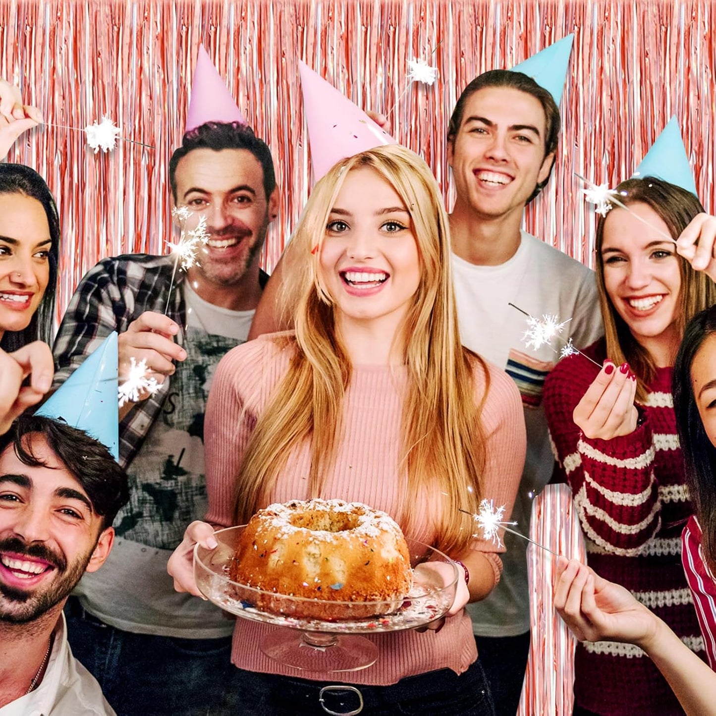 3 Pack Rose Gold Foil Fringe Curtain Backdrop, 3.28Ft x 8.2Ft Metallic Tinsel Foil Fringe Streamer Curtains for Photo Booth, Christmas Day, Thanksgiving, Wedding, New Year Party Decorations