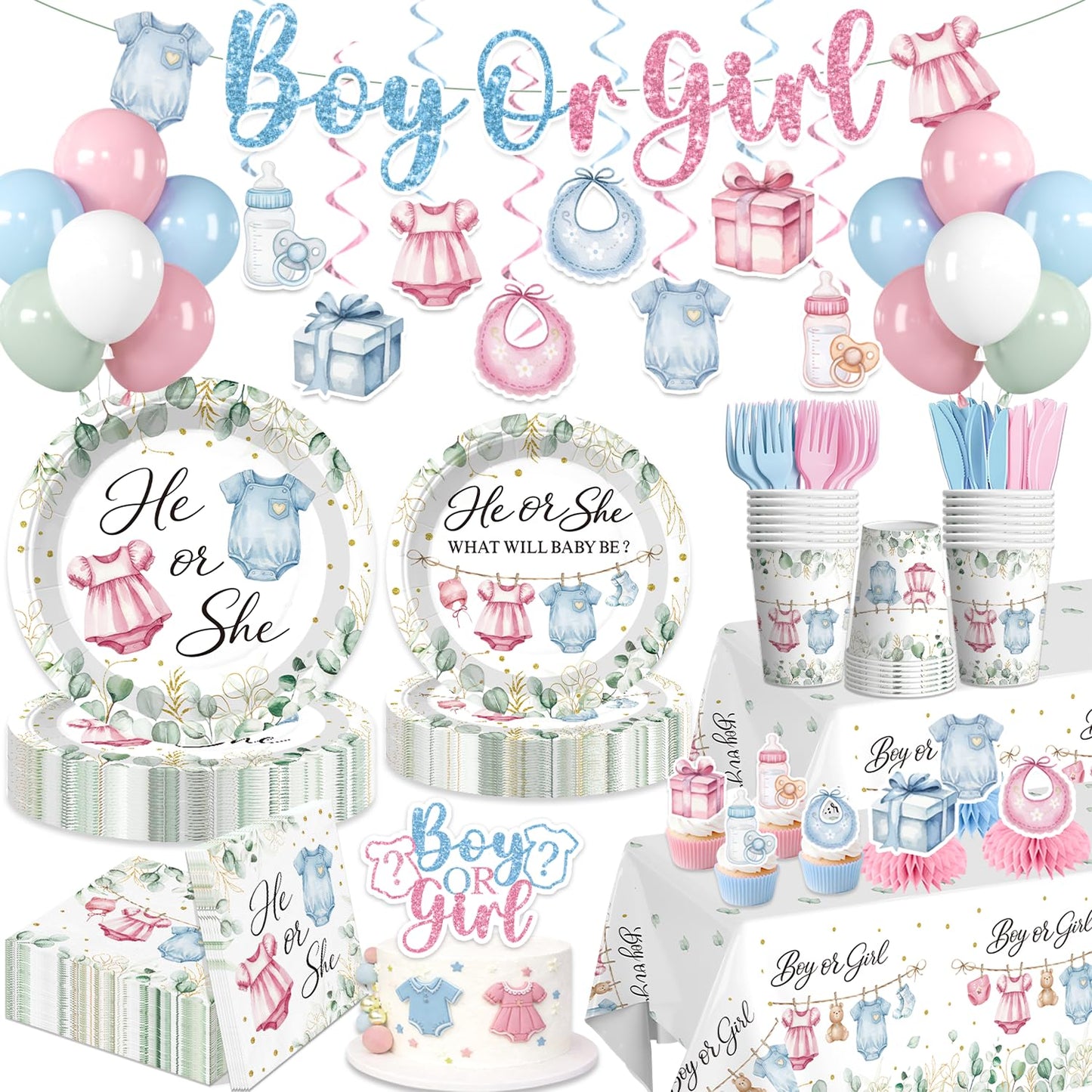 Yingoto 215PCS He or She Gender Reveal Decorations Serves 25