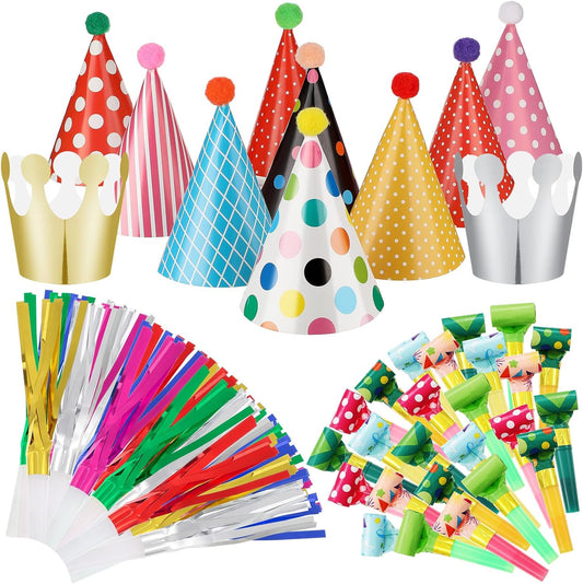 Skylety 59 Pieces Party Cone Hats with Colorful Blowers and Metallic Fringed Noisemakers Birthday Blowouts Horns Whistles Musical Noisemaker for Adults Birthday Party Supplies