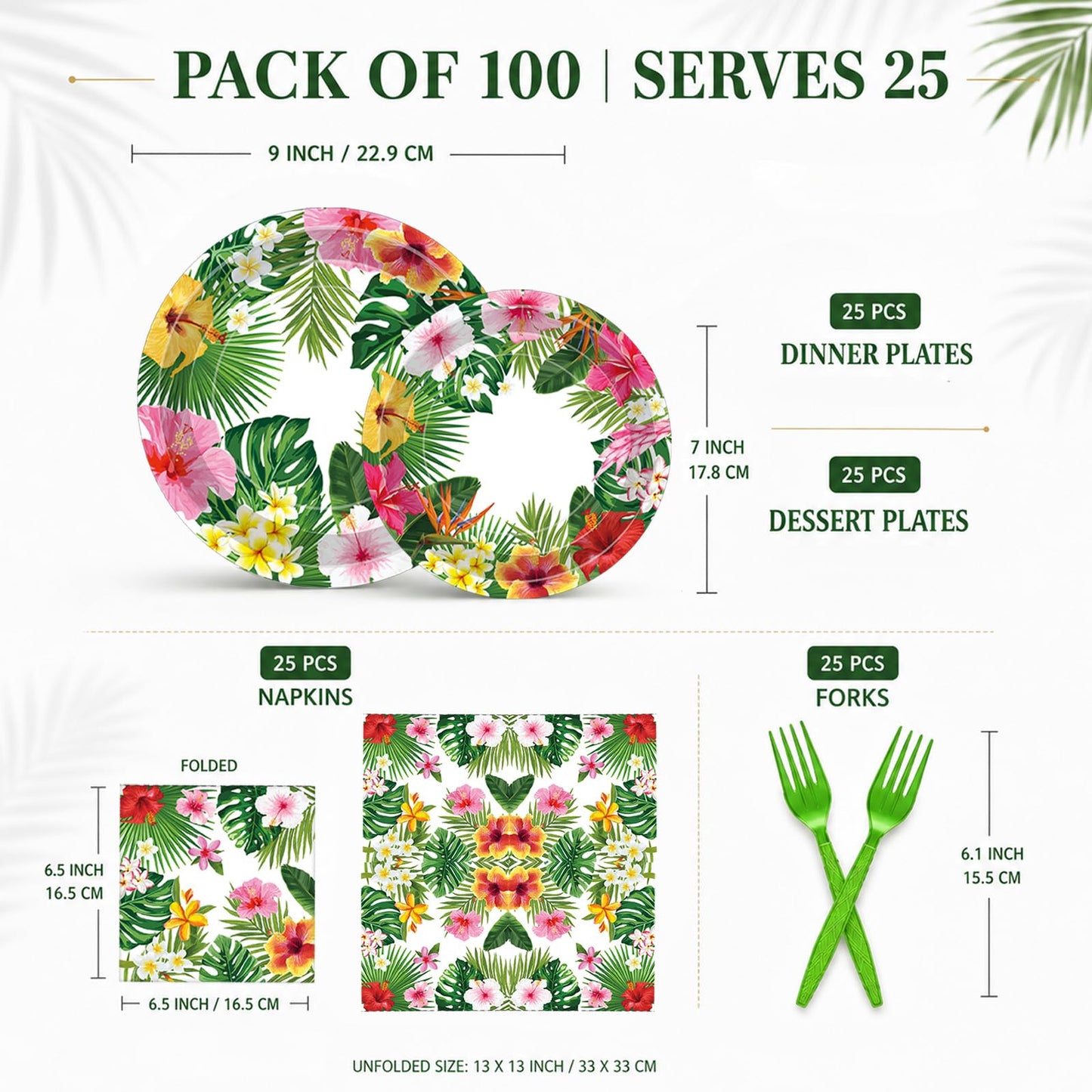 100 Pcs Tropical Luau Party Supplies Set, Serves 25 – Disposable Hibiscus Floral Paper Plates