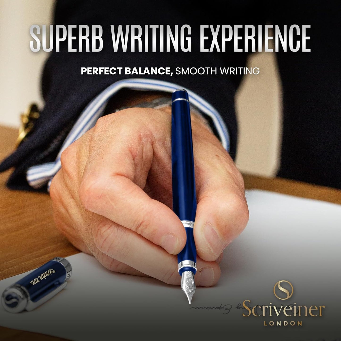 Scriveiner Personalized Midnight Blue Pen - Stunning Blue Lacquer Luxury Pen, Chrome Finish, German Schmidt Nib (Medium), Best Engraved Fountain Pen Gift Set for Men & Women, Name Engraving