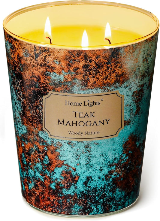 HomeLights Large jar Candle | 3-Wick Long-Lasting Scented Candles, 34oz Natural Soy Wax Candle for Home Scented, Industrial Chic Gifts for Women & Men, Teak Mahogany