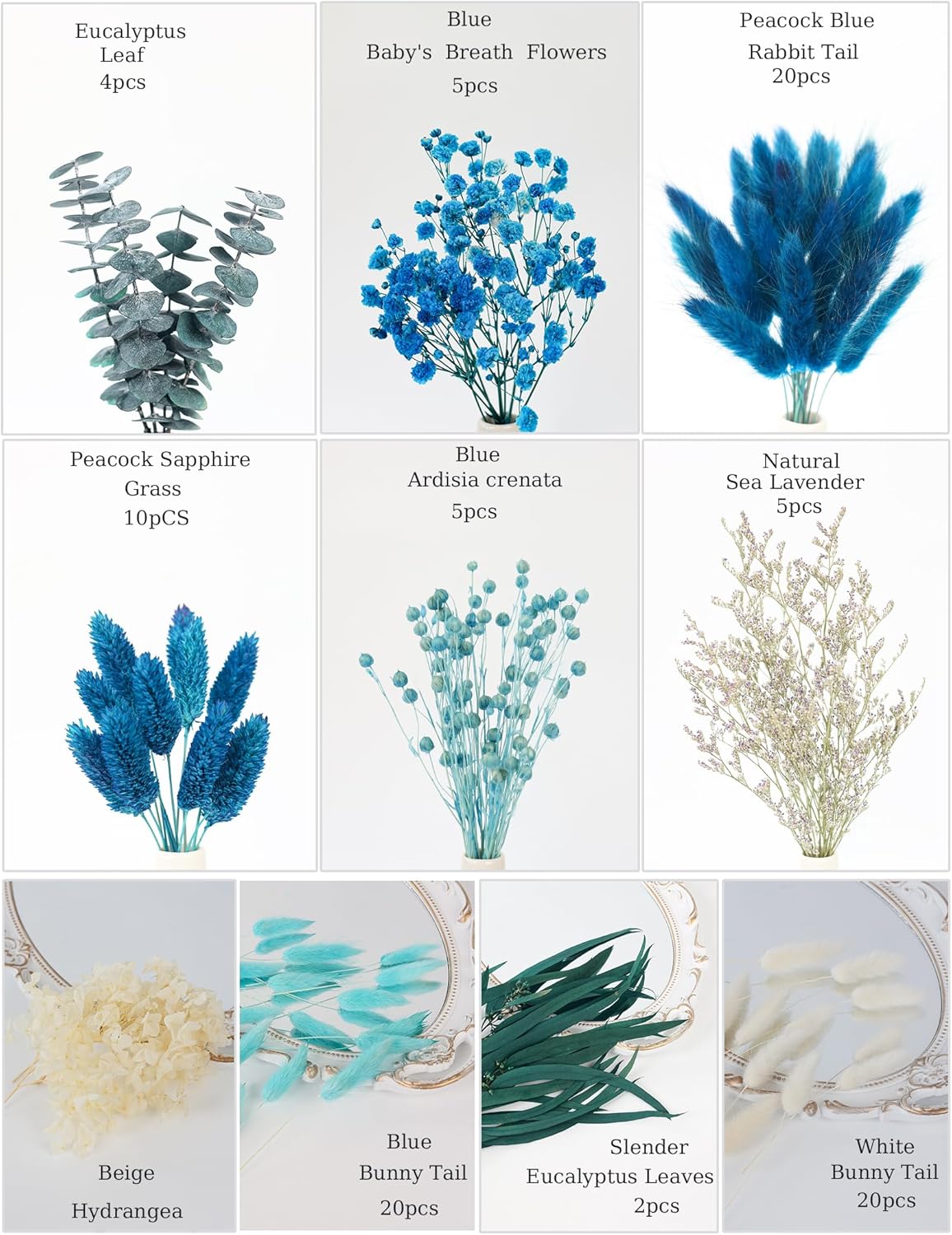 xin's convey DIY Natural Dried Flower Set, Blue Large Package with Stem Flowers for Vases, Handmade Creative, Door Hanging Wreath, Table Centerpiece Mini Dried Flower Bouquet (Peacock Blue)