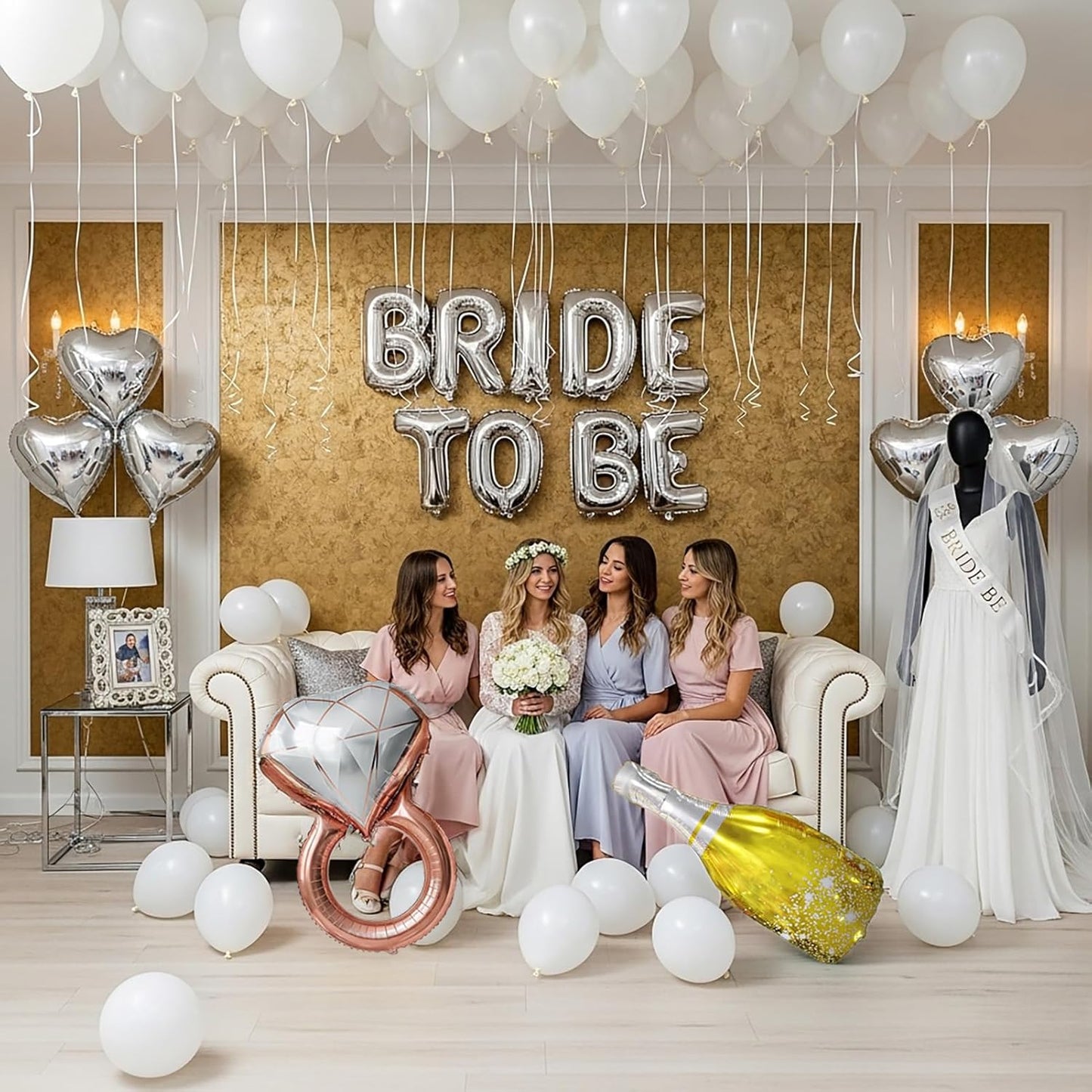 Silver Decorations pearl White balloons Bridal Veil BRIDE TO BE Balloons Sash with Diamond Ring Heart Champagne Balloons Bridal Veil for Bachelorette Party Decor Bride To Be Bridal Shower