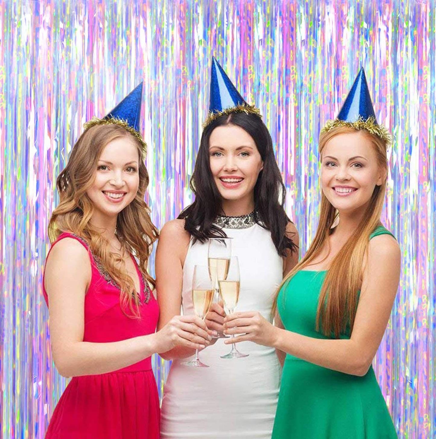 FECEDY 2pcs 3ft x 8.3ft Shiny Corlorful Metallic Tinsel Foil Fringe Curtains Photo Booth Props for