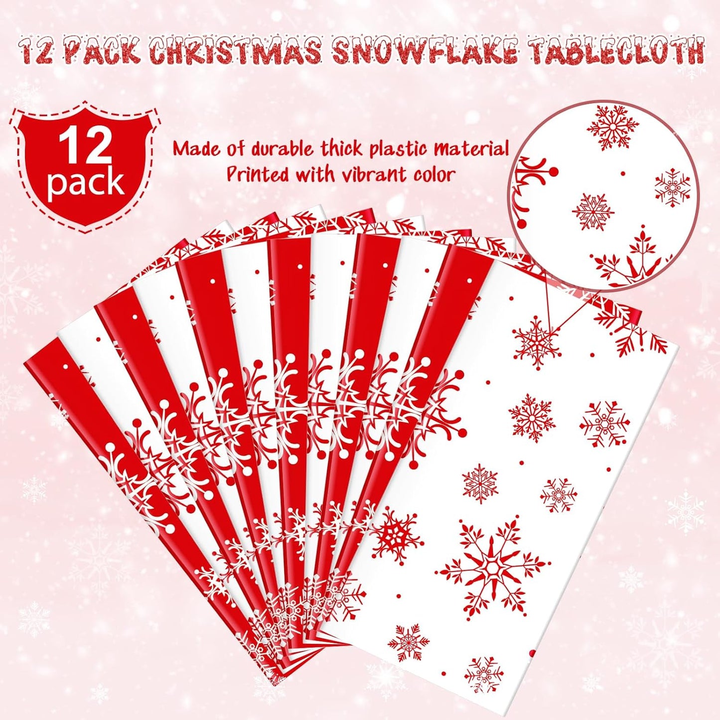 12 Pieces Christmas Snowflake Plastic Party Tablecloth Decorations,54x108 inch Disposable White Red Rectangle Snowflake Xmas Table Cover Backdrop for Winter Christmas Holiday New Year Party Supplies
