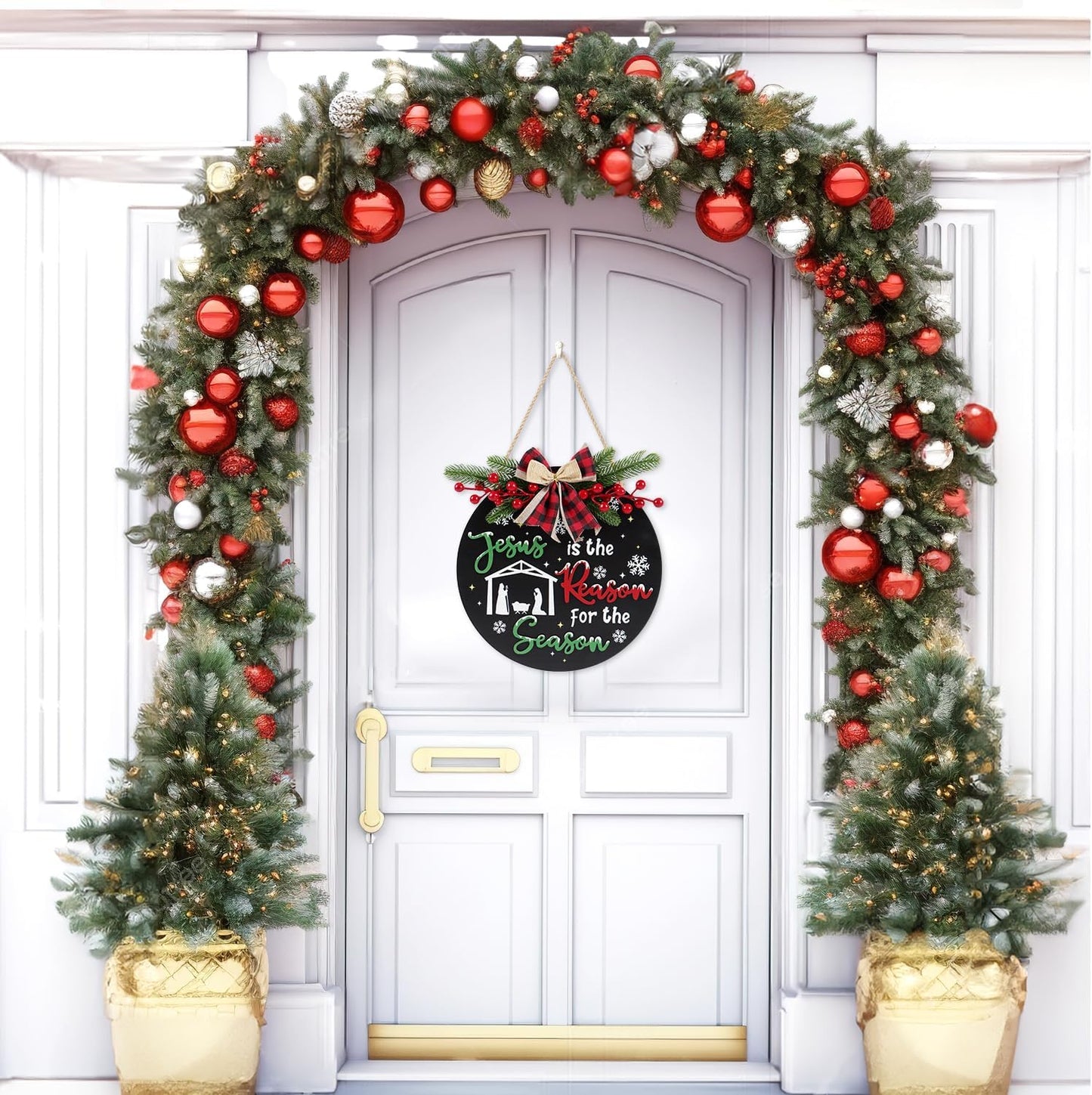 CHDITB Jesus is The Reason for The Season Front Door Sign Wreath(11.4"), Red Green Christmas Decoration Wall Hanging with Snowflakes Bow Berries, Wooden 3D Farmhouse Xmas Decor for Porch Indoor