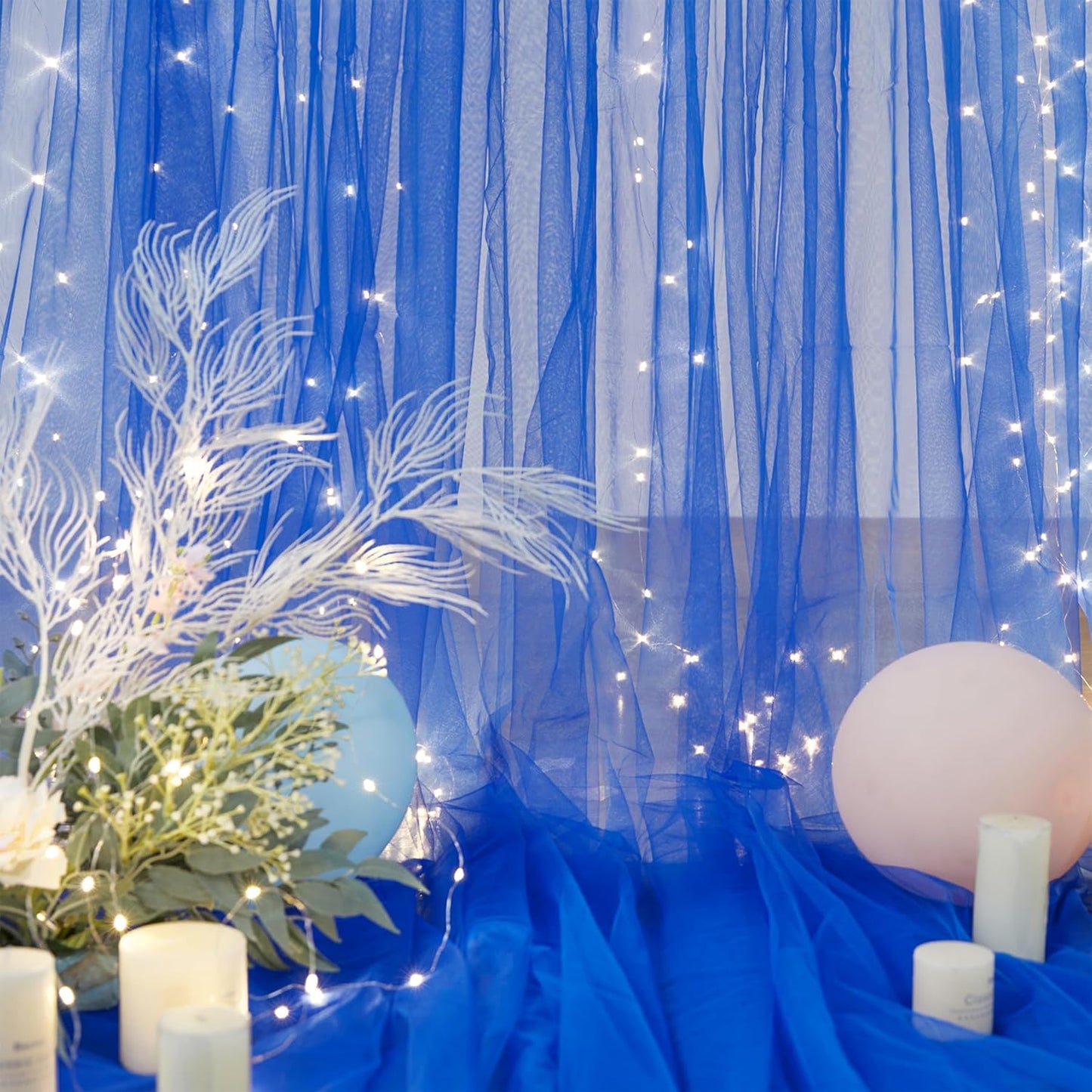 Royal Blue Backdrop Curtains with Lights String for Parites Wedding 10×8ft Sheer Tulle Backdrop Curtain for Graduation Ceremony Baby Shower Birthday Party Prom Photo Shoot Background Decorations