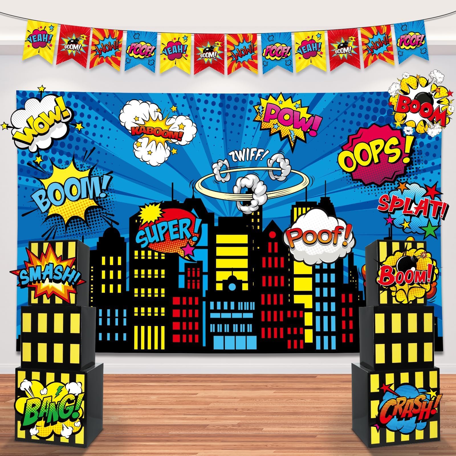 17Pcs Super Theme Hero Party Photography Backdrop for Hero Birthday Decorations with Hero