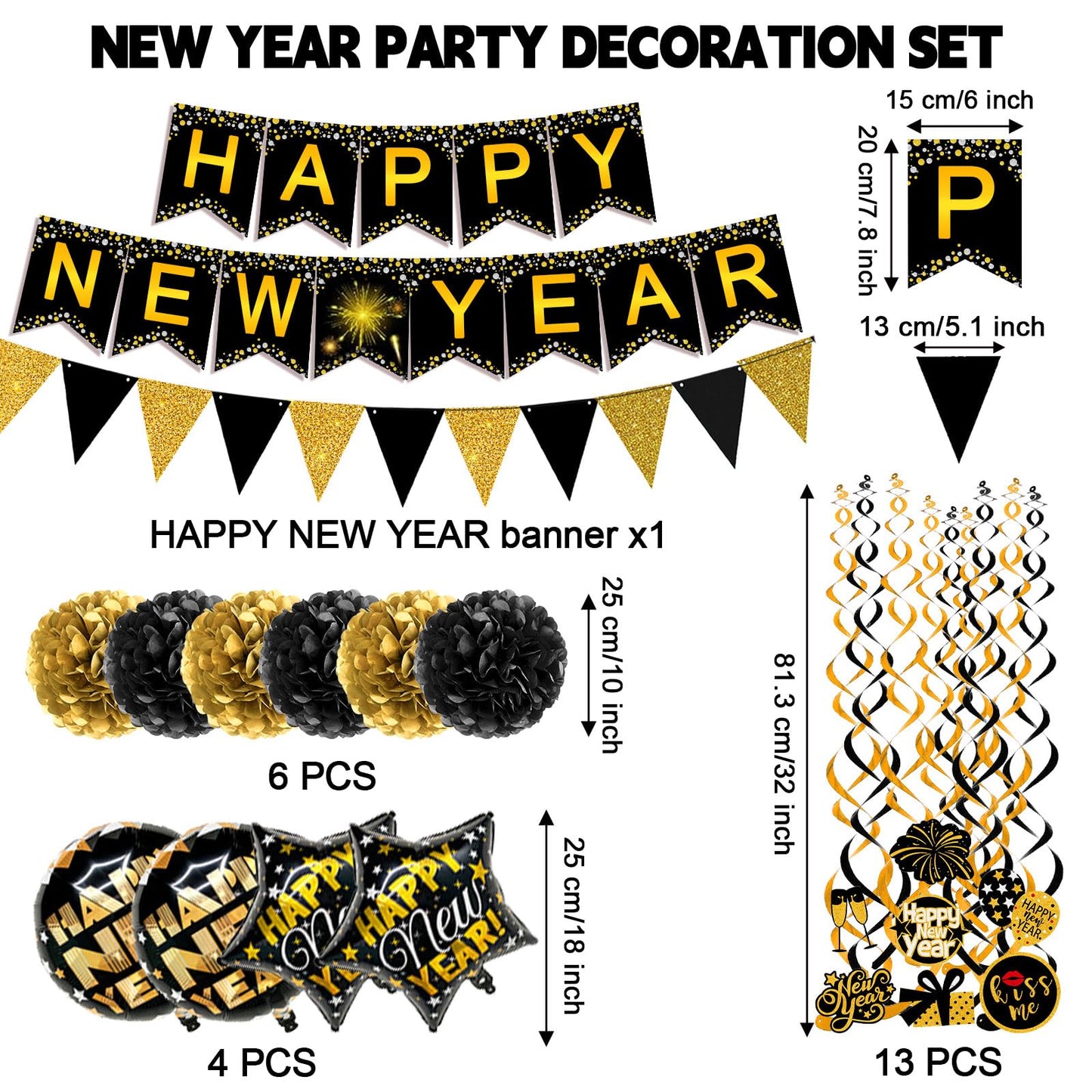 Famoby Happy New Year Paper Banner Triangle Flag Bunting Pom poms Swirls Streamers & Balloons for
