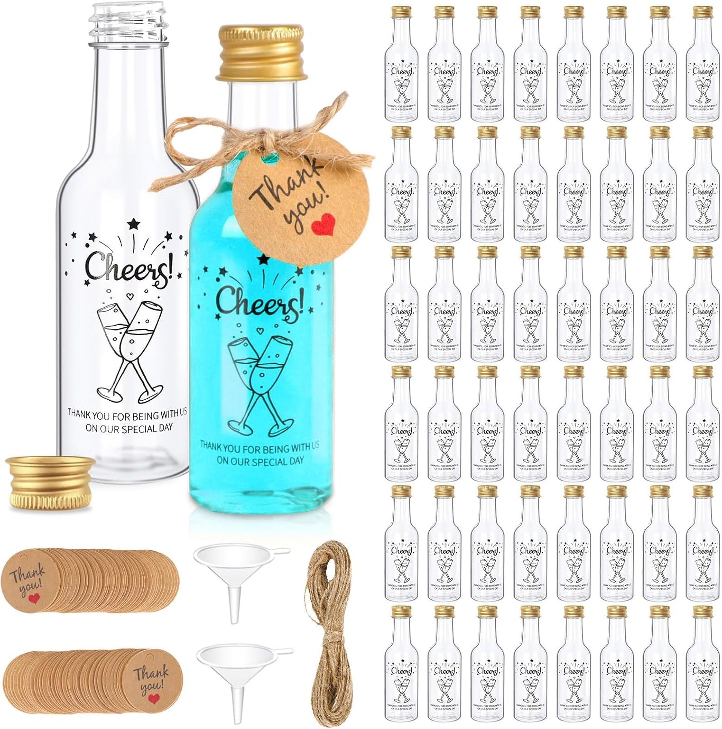 OurWarm 50 Pack Mini Liquor Bottles, 1.7oz/50ml Mini Shot Bottles with Gold Screw Caps Funnels Tags & Twines, Empty Wine Bottles for Juice Alcohol Homemade Liquor Birthday Wedding DIY Party Favors