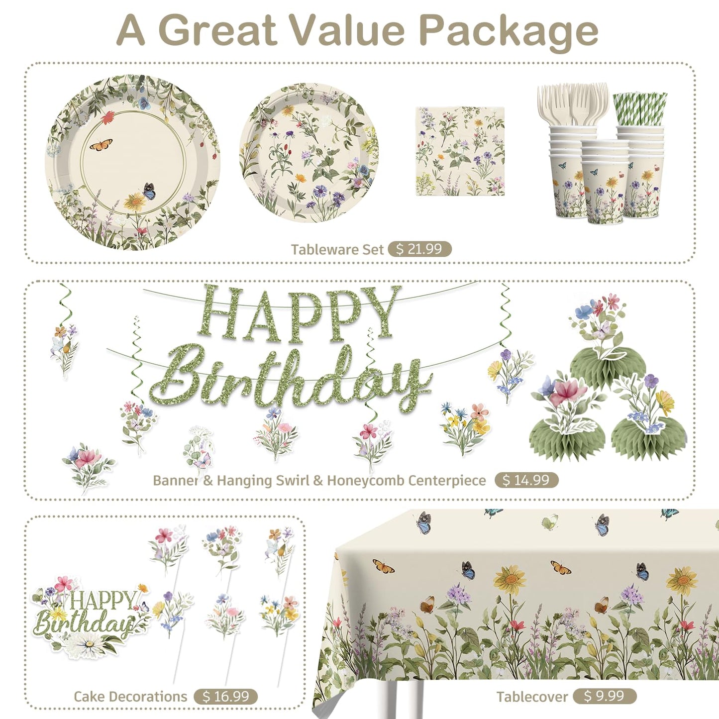 Xynic Wildflower Party Decorations Girl, Flower Themed Birthday, Serve 25